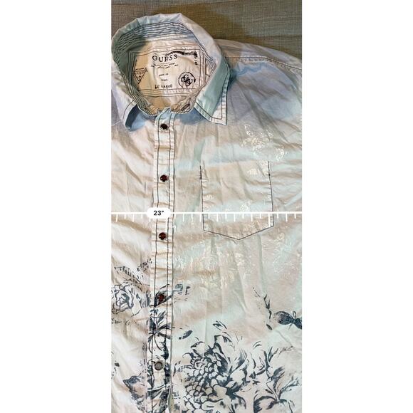 Guess Blue/White Washed, Floral Design Flip Cuff Pearl Button w/Pocket Size XL - Picture 14 of 16